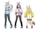  3girls ^_^ ^o^ alternate_costume animal_ears arms_behind_back bell bike_shorts black_footwear black_pants black_shorts blonde_hair blue_eyes blue_footwear blue_hoodie blush bow breasts brown_hair bunny_ears casual closed_eyes commentary fake_animal_ears flat_chest fox_ears fox_tail full_body geriyarou hair_bow hair_ornament hairclip hands_in_pockets headphones hood hoodie kemomimi_oukoku_kokuei_housou kizuna_ai kizuna_ai_inc. long_hair looking_at_viewer medium_breasts medium_hair mikoko_(kemomimi_oukoku_kokuei_housou) mirai_akari mirai_akari_project multicolored_hair multiple_girls open_mouth pants pink_hair pink_hoodie ponytail shoes short_shorts shorts simple_background sleeves_past_fingers sleeves_past_wrists small_breasts smile sneakers standing streaked_hair striped striped_pants sweatpants tail twintails vertical-striped_pants vertical_stripes virtual_youtuber white_background yellow_hoodie zipper 