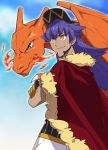  1boy absurdres baseball_cap cape champion_uniform charizard closed_mouth commentary_request dark_skin dark_skinned_male facial_hair fur-trimmed_cape fur_trim gen_1_pokemon gloves hat highres leon_(pokemon) long_hair looking_to_the_side male_focus nagiko_(mangalove1111) partially_fingerless_gloves pokemon pokemon_(creature) pokemon_(game) pokemon_swsh purple_hair red_cape shirt shorts smile white_shorts yellow_eyes 