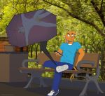  2020 absurd_res anthro bench blue_bottomwear blue_clothing blue_pants bottomwear cellphone clothing doggydog doggydog_(character) duo footwear fur hi_res in_shoe jax_(manmadehell) male micro orange_body orange_fur outside pants park_bench phone photo_background shoe_soles shoes sitting sneakers teal_shirt teal_topwear text topwear url white_body white_fur 