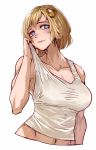  1girl blonde_hair blue_eyes blush bob_cut breasts cleavage collarbone commentary hair_ornament highres hololive hololive_english midriff mistimagi monocle_hair_ornament muscle muscular_female simple_background sweat tank_top watson_amelia white_background 