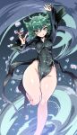  1girl absurdres black_dress breasts curly_hair dress floating floating_rock green_eyes green_hair harigane_shinshi highres levitation long_dress looking_at_viewer no_panties one-punch_man pelvic_curtain shiny shiny_hair shiny_skin short_hair side_slit smile solo tatsumaki telekinesis thighs 