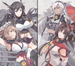  4girls black_gloves black_hair breasts brown_eyes brown_hair cannon cape detached_sleeves flower glasses gloves hair_flower hair_ornament hairband headgear holding holding_umbrella kantai_collection kasumi_(skchkko) kikumon large_breasts long_hair looking_at_viewer midriff multiple_girls musashi_(kantai_collection) mutsu_(kantai_collection) nagato_(kantai_collection) oriental_umbrella partially_fingerless_gloves ponytail radio_antenna rectangular_eyewear red_eyes rigging short_hair sidelocks silver_hair smile turret twintails umbrella very_long_hair white_gloves yamato_(kantai_collection) yellow_eyes 