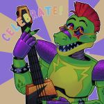  ! 2020 alligator alligatorid animatronic anthro black_eyebrows bodypaint bracelet claws close-up clothing crocodilian cutiepocchari english_text eyebrows eyewear face_paint fangs five_nights_at_freddy&#039;s five_nights_at_freddy&#039;s:_security_breach glasses gloves green_body guitar hair half-closed_eyes handwear hi_res jewelry looking_at_viewer machine male mohawk_(hairstyle) montgomery_gator_(fnaf) multicolored_body musical_instrument narrowed_eyes open_mouth plucked_string_instrument portrait purple_background red_eyes red_hair reptile robot rockstar scalie sharp_claws sharp_teeth short_hair simple_background solo spiked_bracelet spikes star star_glasses string_instrument teeth text video_games white_sclerea yellow_background yellow_body 