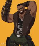  1boy absurdres armpit_hair arms_up artist_name barret_wallace beard black_hair bracer brown_jacket crestren dark_skin dark_skinned_male dog_tags ear_piercing facial_hair final_fantasy final_fantasy_vii fingerless_gloves gloves green_pants gun highres jacket jewelry looking_at_viewer machine_gun mechanical_arm muscle necklace pants piercing pocket pouch sleeveless smile standing sunglasses thigh_strap weapon yellow_background 