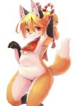  2020 5_fingers anthro bell black_body black_ears black_fur black_nose blush breasts canid canine chest_tuft claws compression_artifacts dipstick_tail featureless_crotch female fingers fluffy fluffy_tail fox fur gesture gloves_(marking) hair hand_gesture hi_res inner_ear_fluff jingle_bell kemono leg_markings looking_at_viewer mammal markings mostly_nude multicolored_body multicolored_fur multicolored_tail navel orange_body orange_fur ponytail portrait red_eyes shiitakemeshi short_hair simple_background small_breasts smile socks_(marking) solo three-quarter_portrait tuft whiskers white_background white_body white_fur 