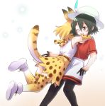  2girls ;d animal_ears bangs bare_shoulders black_eyes black_hair black_legwear blonde_hair elbow_gloves eyebrows_visible_through_hair glomp gloves gradient gradient_background hair_between_eyes hat hat_feather highres hug kaban_(kemono_friends) kemono_friends legwear_under_shorts multiple_girls one_eye_closed open_mouth panties pantyhose pantyshot print_legwear print_neckwear print_skirt red_shirt serval_(kemono_friends) serval_ears serval_print serval_tail shirt shoes short_hair short_sleeves shorts simple_background skirt sleeveless sleeveless_shirt smile tail thighhighs tmtkn1 underwear white_footwear white_headwear white_panties white_shirt white_shorts 