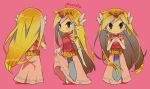  1girl artist_name bangs belt blonde_hair blue_eyes blush closed_mouth commentary_request gloves hair_ornament hands_together highres long_hair looking_at_viewer multiple_views pink_background pointy_ears princess_zelda skirt sleeveless smile the_legend_of_zelda the_legend_of_zelda:_the_wind_waker tiara tokuura watermark 