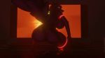  2019 3d_(artwork) absurd_res anthro armband big_breasts black_body black_fur black_nose bra breasts butt canid canine canis clothed clothing demon digital_media_(artwork) duo ebonrothe_(issilora) eyewear female fluffy fluffy_tail fur glasses glowing glowing_eyes hair hi_res horn issilora_(artist) legwear looking_back macro male mammal movie_theater mrhappy_(character) petruz presenting presenting_hindquarters raised_tail red_eyes side_boob skimpy teeth thigh_highs underwear wolf 