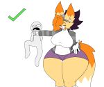  absurd_res anthro big_breasts blush breasts canid canine female fox hair hair_over_eye hi_res human jhenightfox julie_(jhenightfox) larger_female mammal one_eye_obstructed orange_hair simple_background size_difference smaller_human thick_thighs white_background wide_hips 