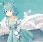  1girl aqua_background aqua_dress belt blue_eyes blue_hair blurry breasts closed_mouth collarbone cowboy_shot danmaku depth_of_field dress dutch_angle energy_ball fence flower hagoromo hair_between_eyes hair_rings kaku_seiga looking_at_viewer open_clothes open_vest puffy_short_sleeves puffy_sleeves shawl short_hair short_sleeves sky small_breasts smile solo standing touhou vest white_bird yuyin_(uzrv7533) 