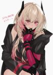  1girl aogisa black_jacket blonde_hair blush character_name eyebrows_visible_through_hair finger_to_mouth girls_frontline gloves hair_ornament highres jacket long_hair looking_at_viewer m4_sopmod_ii_(girls_frontline) mechanical_arms mod3_(girls_frontline) open_mouth red_eyes solo translation_request white_background 