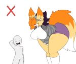  absurd_res anthro bent_over big_breasts blush breasts canid canine female fox hair hair_over_eye hi_res human jhenightfox julie_(jhenightfox) larger_female mammal one_eye_obstructed orange_hair simple_background size_difference smaller_human thick_thighs white_background 