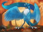  2020 4:3 4_toes anisodactyl articuno autumn avian beak bird black_beak black_feet blue_body blue_feathers feather_tuft feathers featureless_crotch feral forest grass hi_res leaf legendary_pok&eacute;mon looking_at_viewer magpi nature nintendo outside pok&eacute;mon pok&eacute;mon_(species) red_eyes rock signature solo standing talons toes tree tuft video_games white_talons 
