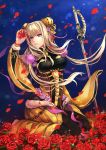  1girl bangs blonde_hair blunt_bangs chinese_clothes double_bun flower hair_ornament jewelry long_hair rapier seiza sitting sword thunderbolt_fantasy weapon xie_yingluo xunling 