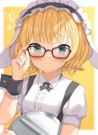  1girl adjusting_eyewear aqua_eyes bangs bespectacled black-framed_eyewear blonde_hair blunt_bangs blush breasts buttons closed_mouth collared_shirt cuffs eyebrows_visible_through_hair fleur_de_lapin_uniform frills glasses gochuumon_wa_usagi_desu_ka? hairband headdress highres holding holding_eyewear kirima_sharo looking_at_viewer maid maid_headdress raru0310 shirt short_hair short_sleeves simple_background small_breasts smile solo uniform upper_body waitress wavy_hair white_background white_shirt wrist_cuffs yellow_background 