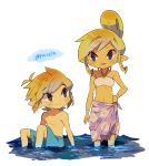  1boy 1girl artist_name bangs bare_arms blonde_hair blush brown_eyes closed_mouth collarbone commentary_request eyebrows_visible_through_hair hand_on_hip highres link looking_at_another male_swimwear navel pointy_ears sarong shirtless sidelocks sitting smile standing swim_trunks swimwear tetra the_legend_of_zelda tokuura wading water watermark wrist_wrap 