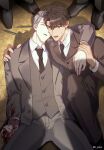  2boys absurdres black_necktie blood blood_on_hands brown_eyes brown_hair brown_suit formal highres ilay_riegrow jeong_taeui male_focus multiple_boys necktie o_ssion open_mouth passion_(manhwa) short_hair suit sweatdrop syringe unconscious white_hair 