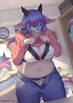  anthro big_breasts biped blue_body blue_eyes blue_hair blue_skin bottomwear bra breasts calendar cleavage clock clothed clothing clothing_lift day denim denim_clothing detailed_background dragon female fingers front_view hair hi_res hoodie hoodie_lift horn humanoid_hands inside jeans kemono lanya_(shian) light long_hair midriff mirror multicolored_body multicolored_hair multicolored_skin navel non-mammal_breasts panties pants partially_clothed pink_clothing pink_hoodie pink_topwear purple_hair scalie shian slightly_chubby solo standing sunlight tail_mane topwear two_tone_body two_tone_hair two_tone_skin two_tone_tail unbuttoned underwear white_body white_bra white_panties white_skin wingless_dragon 