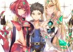  1boy 2girls armor blonde_hair blush breasts brown_hair cleavage covered_navel dress earrings eyebrows_visible_through_hair hinot holding holding_sword holding_weapon jewelry large_breasts long_hair looking_at_viewer multiple_girls mythra_(xenoblade) pyra_(xenoblade) red_eyes red_hair red_shorts rex_(xenoblade) short_hair short_shorts shorts smile sword teeth thighs very_long_hair weapon xenoblade_chronicles_(series) xenoblade_chronicles_2 yellow_eyes 