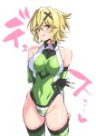  1girl :p absurdres akatsuki_kirika arms_behind_back bangs black_gloves blonde_hair blush breasts covered_navel elbow_gloves eyebrows_visible_through_hair fingerless_gloves gloves green_eyes hair_between_eyes hair_ornament highres large_breasts leotard senki_zesshou_symphogear short_hair simple_background solo sweat thighhighs tongue tongue_out ulrich_(tagaragakuin) white_background x_hair_ornament 