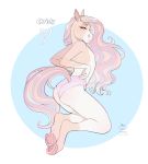  &lt;3 2020 anthro apple-faced blue_eyes blue_hair brown_hair butt clothed clothing digital_media_(artwork) english_text equid equine full-length_portrait girly hair hi_res horse long_hair looking_at_viewer male mammal pink_clothing pink_underwear portrait purple_hair side_view signature simple_background solo tan_body text topless underwear 