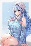  1girl ahoge bangs beret blue_hair blue_nails blush breasts cleavage commentary_request elf hair_ornament hat heart_ahoge highres hololive large_breasts moisture_(chichi) nail_polish pointy_ears shirt sidelocks solo thick_thighs thighs virtual_youtuber yellow_eyes yukihana_lamy 