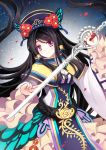  1girl black_hair butterfly_ornament chinese_clothes dan_fei dress frilled_sleeves frills hair_tubes hat highres long_hair long_sleeves purple_eyes smile sword thunderbolt_fantasy weapon xunling 