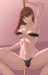  1girl arm_up armpits bangs bare_arms bare_shoulders bikini black_bikini braid breasts brown_eyes brown_hair collarbone dead_or_alive dead_or_alive_xtreme eyebrows_visible_through_hair hand_on_own_thigh highres lei_fang light_blush long_hair looking_at_viewer medium_breasts navel pink_background pole pole_dancing popo_agaga solo spread_legs squatting strapless strapless_bikini stripper_pole swimsuit 
