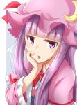  1girl bangs blue_bow blue_ribbon blunt_bangs bow bowtie commentary_request crescent crescent_moon_pin eyebrows_visible_through_hair hair_bow hand_on_own_chin hat hat_ribbon long_hair looking_at_viewer mob_cap patchouli_knowledge purple_eyes purple_hair ram_hachimin red_bow red_neckwear red_ribbon ribbon simple_background solo tongue tongue_out touhou upper_body wide_sleeves 