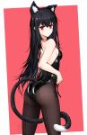  1girl animal_ear_fluff animal_ears ass bangs bare_arms bare_shoulders black_hair black_leotard breasts brown_legwear cat_ears cat_girl cat_tail closed_mouth eyebrows_visible_through_hair from_behind hair_between_eyes highres kittysuit leotard long_hair looking_at_viewer looking_back mole mole_under_eye original pantyhose pink_background red_eyes shibanme_tekikumo small_breasts solo standing strapless strapless_leotard tail two-tone_background very_long_hair white_background xingye 