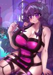 1girl absurdres ahoge bare_shoulders blush breasts cleavage dress eyebrows eyebrows_visible_through_hair fishnet_legwear fishnets garter_belt highres huge_breasts long_hair looking_at_viewer nyarla_(osiimi) original osiimi photo_(object) picture_(object) picture_frame pink_dress plant purple_eyes purple_hair revealing_clothes shoulders sitting window 