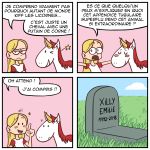  2018 ambiguous_gender blonde_hair blush comic dialogue duo equid equine female feral french_text hair hi_res horn human humor mammal one_eye_closed pomme_d&#039;amour red_hair text tombstone translated unicorn wink 