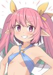  1girl bangs bare_arms bare_shoulders blush breasts chinese_commentary collarbone commentary_request eyebrows_visible_through_hair fairy fairy_wings grin hair_ribbon long_hair looking_at_viewer o-ring o-ring_top pink_eyes pink_hair pointy_ears rabi-ribi ribbon ribbon_(rabi-ribi) saiste simple_background small_breasts smile smug solo teeth twintails upper_body white_background wings yellow_ribbon 