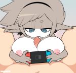  areola big_breasts bodily_fluids breasts female genitals hi_res huge_breasts human male male/female mammal nintendo nintendo_switch nipples penis pupils sataenart sex slit_pupils sweat titfuck video_games 