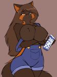  anthro arm_under_breasts bedroom_eyes big_breasts black_nose breasts brown_background brown_body brown_fur brown_hair canid canine cheek_tuft clothed clothing curvaceous curvy_figure denim denim_clothing exposed_breasts facial_tuft female fox front_view fur hair holding_object huge_breasts long_hair looking_at_viewer mammal milk_carton miriam_(starfighter) monotone_hair multicolored_body multicolored_fur narrowed_eyes naturally_censored nipple_tuft orange_body orange_eyes orange_fur orange_inner_ear overalls overalls_only partially_clothed seductive simple_background smile solo standing starfighter topless tuft two_tone_body two_tone_fur voluptuous wide_hips 