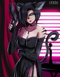  anthro breasts clothed clothing digital_media_(artwork) domestic_cat dress felid feline felis female gun hair hi_res holding_gun holding_object holding_weapon ichimoral jewelry lips mammal moira necklace ranged_weapon solo weapon 