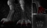  2020 4_toes black_boots blood bodily_fluids boots claws clothing digital_media_(artwork) digitigrade foot_shot footwear gore hi_res insole laces micro shoe_soles slegar toes zero_pictured 