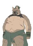  2020 anthro balls belly brown_body brown_fur canid canine canis domestic_dog fur genitals hi_res humanoid_hands kemono male mammal moobs nipples overweight overweight_anthro overweight_male penis scar simple_background solo tokyo_afterschool_summoners video_games white_background yasuyori yutaveny 