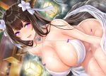  1girl animal_ears azur_lane bangs bare_back bikini blush breasts brown_hair cleavage collarbone cow_ears cow_girl cow_horns eyebrows_visible_through_hair flower hair_flower hair_ornament halterneck horns kashino_(after-bath_pleasure)_(azur_lane) kashino_(azur_lane) large_breasts long_hair looking_at_viewer onsen open_mouth pantsu_majirou purple_eyes sitting solo steam swimsuit thigh_strap very_long_hair wet white_bikini white_flower 