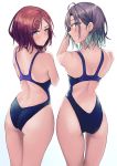  2girls :t absurdres antenna_hair asakura_tooru ass bangs bare_arms bare_back bare_shoulders blue_eyes blue_swimsuit blush butt_crack competition_swimsuit ear_piercing hair_ornament hairclip highres higuchi_madoka idolmaster idolmaster_shiny_colors looking_at_viewer looking_back multicolored_hair multiple_girls namake_(nmk44300) one-piece_swimsuit piercing pout purple_eyes red_hair sidelocks simple_background skindentation smile swimsuit two-tone_hair white_background 