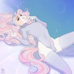  2020 anthro apple-faced blue_eyes blue_hair brown_hair bulge clothing digital_media_(artwork) equid equine finger_to_mouth hair hi_res horse legwear leotard long_hair looking_at_viewer lying male mammal multicolored_hair on_back purple_hair signature simple_background solo thigh_highs 