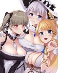  3girls :d absurdres ahoge azur_lane bangs bare_shoulders between_breasts black_dress blonde_hair blue_eyes blue_flower blue_rose blunt_bangs blush breasts brown_nails center_opening choker cleavage collarbone commentary dress elbow_gloves eyebrows_visible_through_hair flower flower_ornament formidable_(azur_lane) frilled_dress frills gloves gold_trim grey_hair hair_ornament hair_ribbon halterneck hand_up hands_on_another&#039;s_shoulders hat highres illustrious_(azur_lane) lace-trimmed_headwear lace_trim large_breasts laurel_crown long_hair looking_at_viewer mole mole_under_eye multiple_girls neckwear_between_breasts open_mouth parted_lips red_eyes ribbon rose sapphire_(gemstone) sidelocks simple_background sitting sleeveless sleeveless_dress smile strapless strapless_dress sun_hat taut_clothes taut_dress tress_ribbon twintails two-tone_dress two-tone_ribbon upper_body very_long_hair victorious_(azur_lane) wee_(weeyy) white_background white_choker white_dress white_gloves white_hair white_headwear wrist_ribbon 