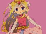  1girl artist_name belt blonde_hair blue_eyes blush commentary_request floating_hair gloves grey_gloves hair_ornament holding holding_clothes holding_skirt jewelry long_hair multicolored_hair necklace open_mouth pink_skirt pointy_ears princess_zelda simple_background skirt smile solo the_legend_of_zelda the_legend_of_zelda:_the_wind_waker tiara tokuura watermark 