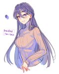  1girl alternate_hairstyle bangs beige_sweater braid breasts casual commentary cropped_torso doki_doki_literature_club english_text eyebrows_visible_through_hair hair_between_eyes hair_ornament hairclip large_breasts long_hair long_sleeves looking_at_viewer purple_eyes purple_hair ribbed_sweater simple_background smile solo sora_(efr) sweater turtleneck turtleneck_sweater upper_body very_long_hair white_background yuri_(doki_doki_literature_club) 