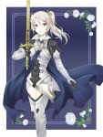  1girl alternate_hairstyle armor black_gloves black_shirt brown_eyes eyebrows_visible_through_hair faulds female_my_unit_(fire_emblem_if) fire_emblem fire_emblem_if floating_hair flower gloves grey_legwear hair_between_eyes hair_flower hair_ornament holding holding_sword holding_weapon kei_(asufend) long_hair looking_at_viewer my_unit_(fire_emblem_if) nintendo pointy_ears rose shirt silver_hair solo standing sword thighhighs weapon white_flower white_rose 