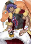  1boy bara black_headwear blue_eyes brown_eyes cape charizard dark_skin dark_skinned_male facial_hair gen_1_pokemon hat highres large_hands leon_(pokemon) long_hair looking_at_viewer male_focus muscle pokemon pokemon_(creature) pokemon_(game) pokemon_swsh purple_hair red_cape shirt sitting suyohara white_shirt wristband 