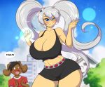  anthro big_breasts blue_eyes blush bottomwear breasts city cleavage clothed clothing duo female godai hair happy human lagomorph leporid long_hair male mammal mastergodai open_mouth outside rabbit skirt smile speech_bubble tree white_hair 