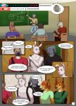  anthro breasts canid canine class clothed clothing comic dialogue english_text equid equine female fjollettigeren fox group inside lagomorph leporid male mammal rabbit richirichi school speech_bubble text zebra 
