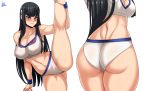  1girl adapted_costume alternate_costume ass bikini black_hair blue_eyes blue_wristband blush breasts covered_nipples embarrassed exercise eyebrows highres jmg junketsu kill_la_kill kiryuuin_satsuki large_breasts looking_at_viewer multiple_views navel nipples sideboob sidelocks split standing standing_on_one_leg standing_split swimsuit thick_eyebrows thighs white_background wristband 