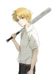  1boy bangs baseball_bat belt blonde_hair brown_eyes closed_mouth collared_shirt cowboy_shot hair_between_eyes highres higurashi_no_naku_koro_ni holding holding_baseball_bat houjou_satoshi light_smile male_focus pants shirt shirt_tucked_in short_sleeves shosudo simple_background solo standing white_background white_shirt 